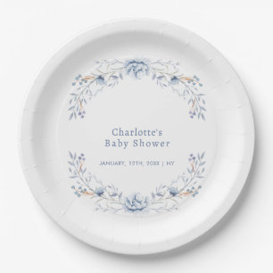 Elegant Winter Blue Wilflower Floral Baby Shower  Paper Plates
