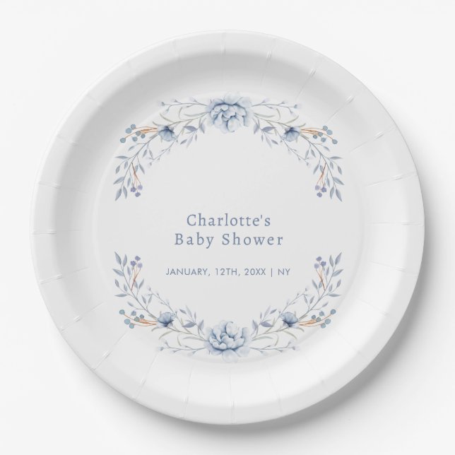 Elegant Winter Blue Wilflower Floral Baby Shower  Paper Plates (Front)