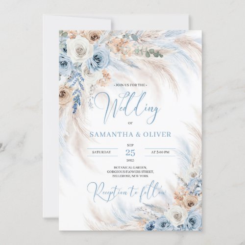 Elegant winter boho dusty blue and ivory floral invitation