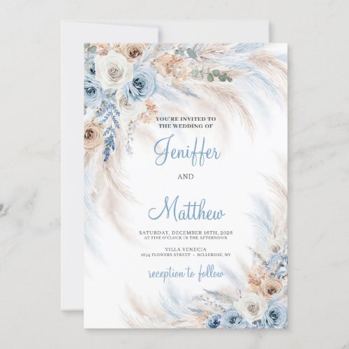 Elegant winter boho dusty blue ivory floral pampas invitation