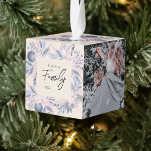 Elegant Winter Boho Floral Family Pictures  Cube Ornament