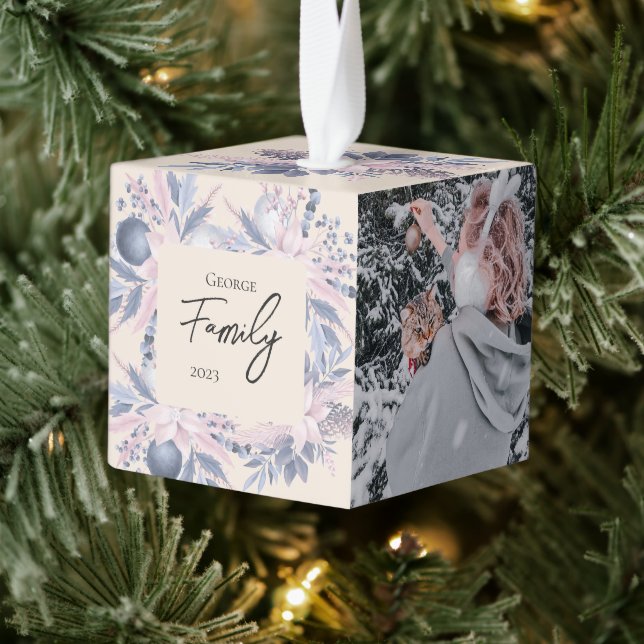Elegant Winter Boho Floral Family Pictures  Cube Ornament (Tree)