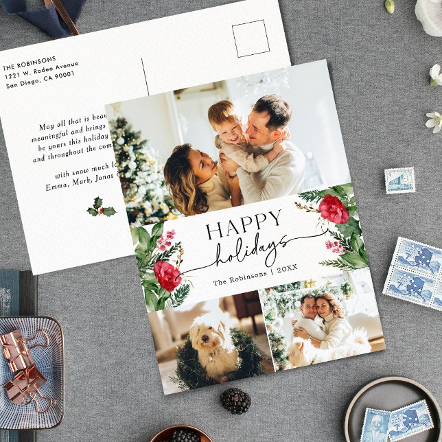 Elegant Winter Botanical 3 Photo Holiday Postcard (Creator Uploaded)