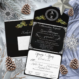 Elegant Winter Botanical Monogram - Black All In One Invitation