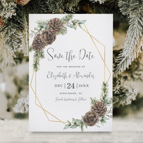 Elegant Winter Botanical Pine Wedding Save The Date
