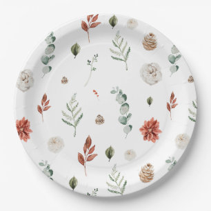 Elegant Winter Botanical Red Floral Bridal Shower Paper Plates