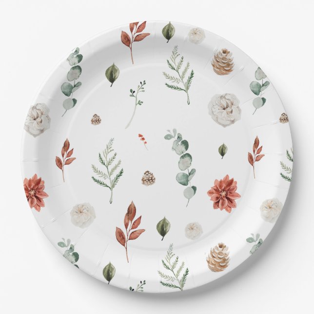 Elegant Winter Botanical Red Floral Bridal Shower Paper Plates (Front)