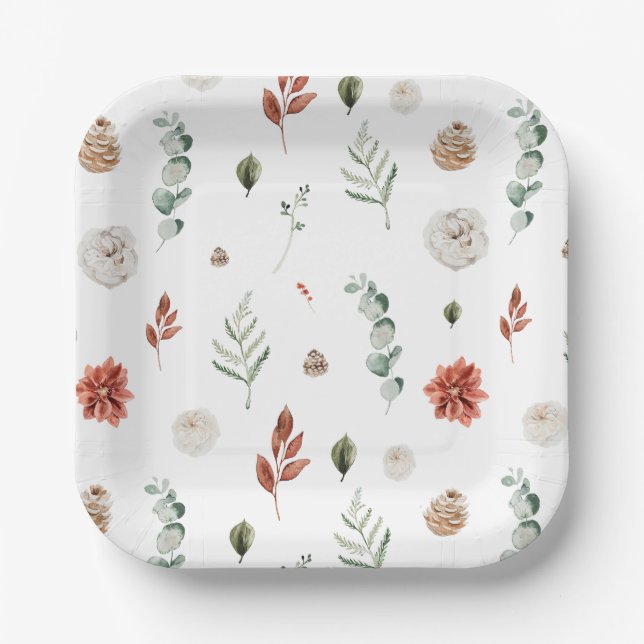 Elegant Winter Botanical Red Floral Bridal Shower Paper Plates (Front)
