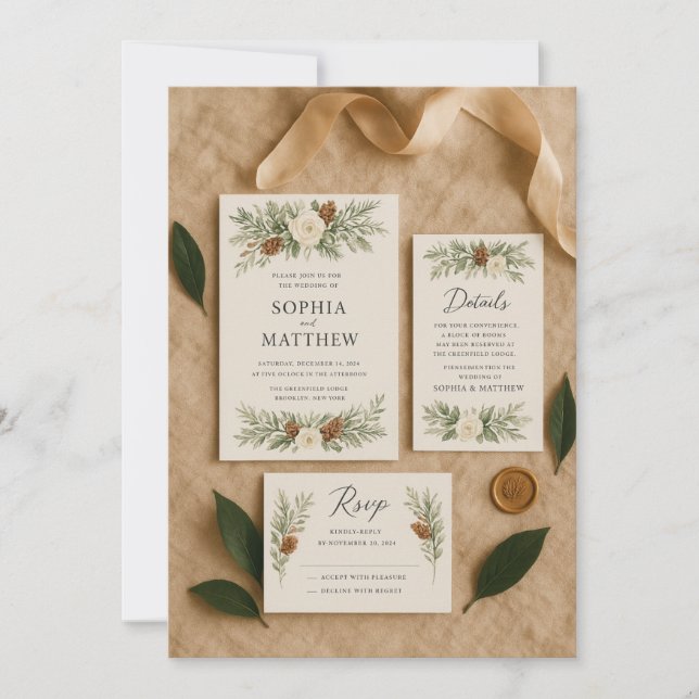 Elegant Winter Botanical Wedding Invitation Suite  (Front)