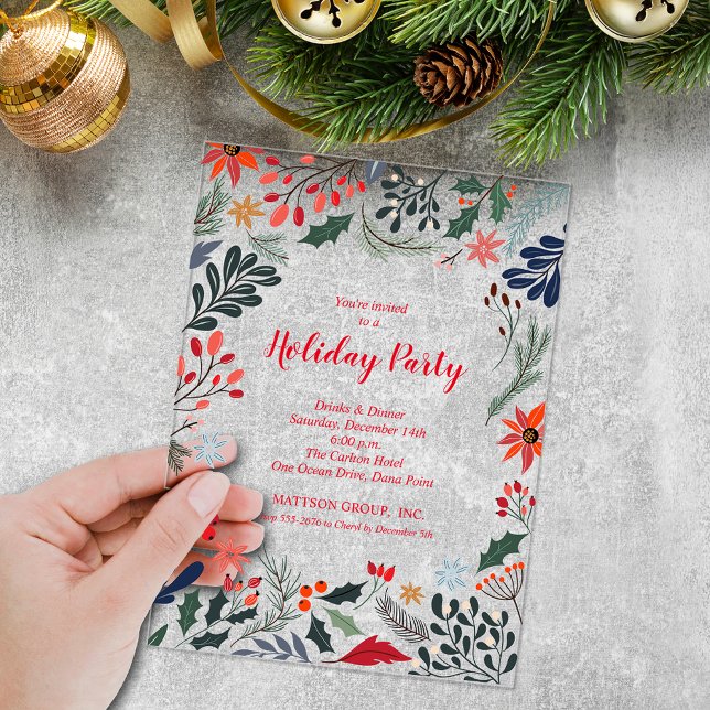 Elegant Winter Botanicals Christmas Holiday Acrylic Invitations (Elegant winter botanicals and flowers Christmas holiday party clear acrylic invitations)