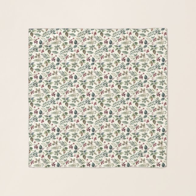 Elegant Winter Botanicals Green Leaves Red Berries Scarf (Front)
