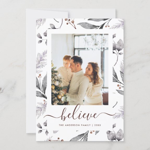 Elegant Winter Botanicals Photo Believe Christmas Card
