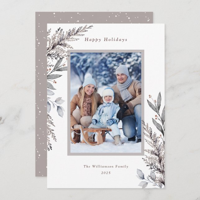 Elegant Winter Botanicals Watercolor Photo Holiday Card (Front/Back)