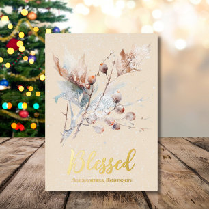 Elegant Winter Branches and Berries Blessed Design Foil Holiday Card
