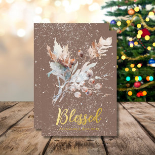 Elegant Winter Branches and Berries Blessed Design Foil Holiday Card