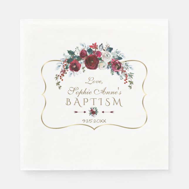 Elegant Winter Burgundy Floral Pine Gold Baptism Napkins (Front)