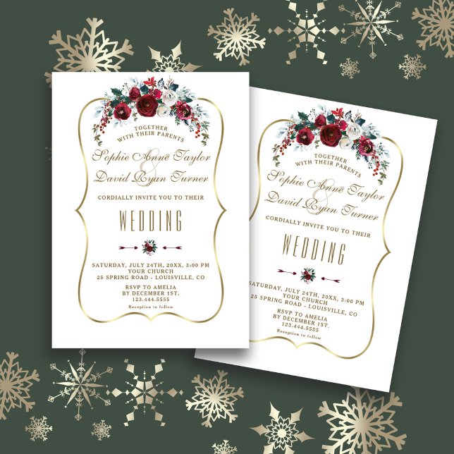Elegant Winter Burgundy Floral Pine Gold Wedding Invitation (Creator Uploaded)