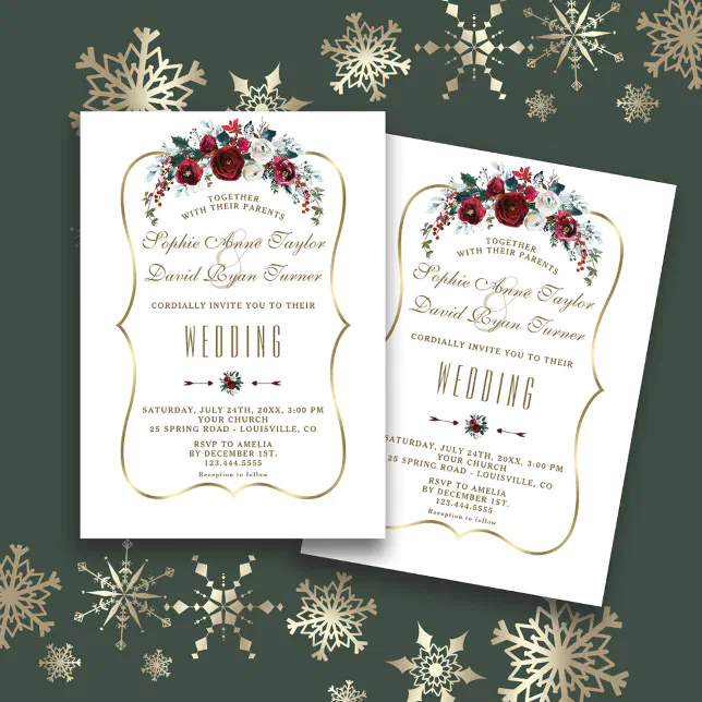 Elegant Winter Burgundy Floral Pine Gold Wedding Invitation | Zazzle