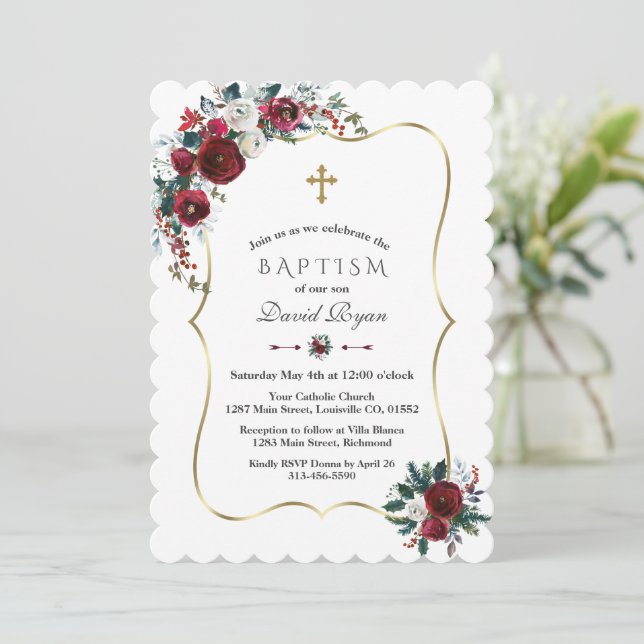 Elegant Winter Burgundy Flowers Pine Baptism  Invitation (Standing Front)