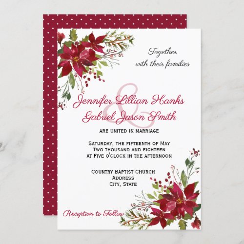 Elegant Winter Burgundy Poinsettia Floral Wedding Invitation