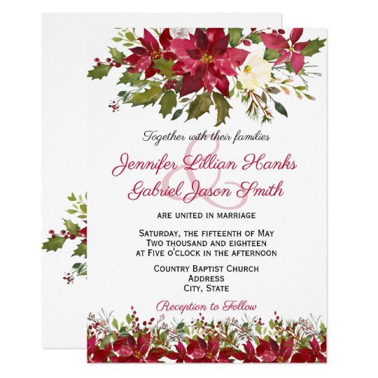 Elegant Winter Burgundy Poinsettia Floral Wedding Invitation 