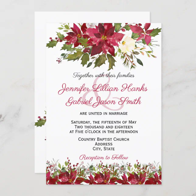 Elegant Winter Burgundy Poinsettia floral wedding Invitation | Zazzle