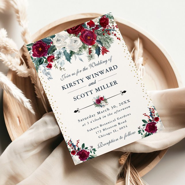 Elegant Winter Burgundy & White Floral Wedding Invitation (Creator Uploaded)