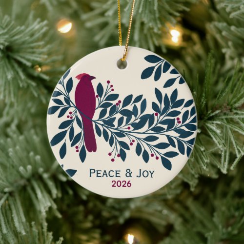 Elegant Winter Cardinal Foliage Holiday Custom Ceramic Ornament