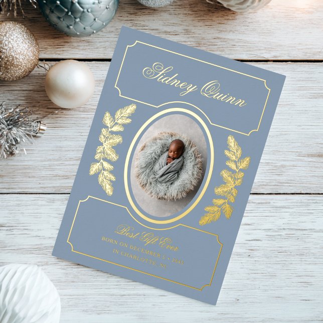 Elegant Winter Christmas Blue New Baby Birth Foil Holiday Card (Creator Uploaded)