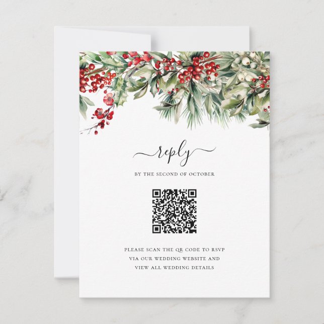 Elegant Winter Christmas Holiday QR Code Wedding RSVP Card (Front)