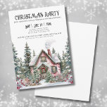 Elegant Winter Christmas Party Invitation<br><div class="desc">Invite guests to your holiday party with this elegant watercolor Christmas invitation, showcasing a charming winter cabin surrounded by pine trees and holly berries. Snow blankets the roof and ground, while a wreath hangs above the door and smoke rises from the chimney, adding to the cozy, festive feel. The black...</div>