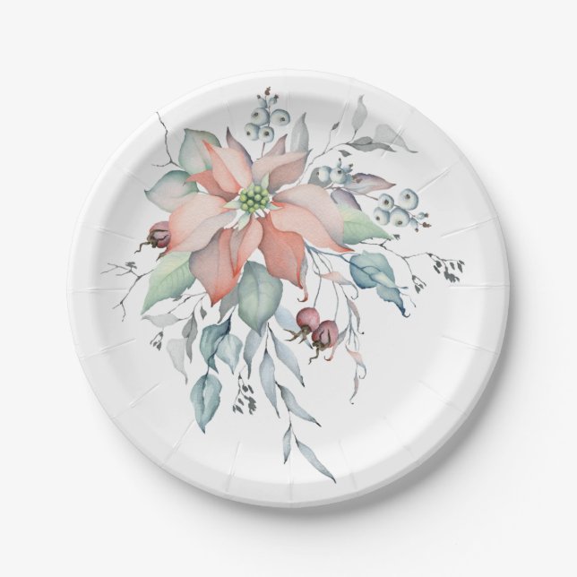 Elegant Winter Christmas Watercolor Bouquet Paper Plates (Front)
