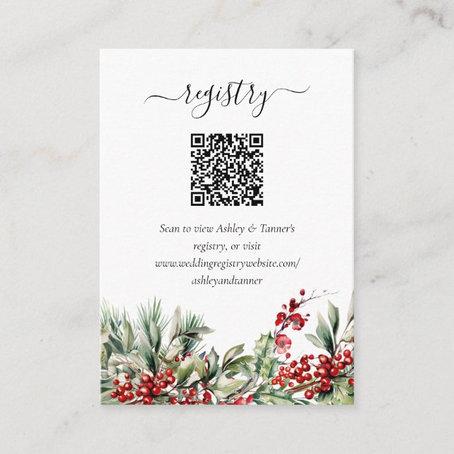 Elegant Winter Christmas Wedding Registry QR Code Enclosure Card (Front)