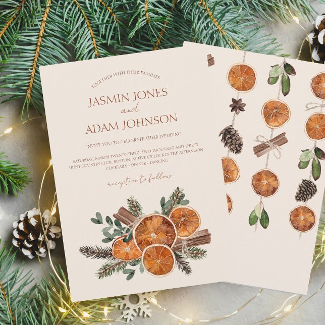 Elegant Winter Citrus and Pine Rustic Wedding Invitation (Winter Orange Slices Dried Citrus Cinnamon Wedding Invite)