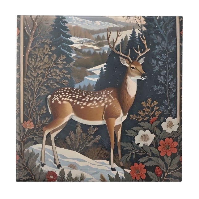 Elegant Winter Deer Nature Design Ceramic Tile (Front)
