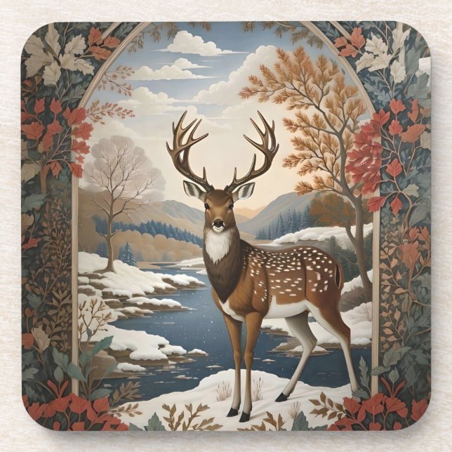Elegant Winter Deer Winter Scene Beverage Coaster (Front)