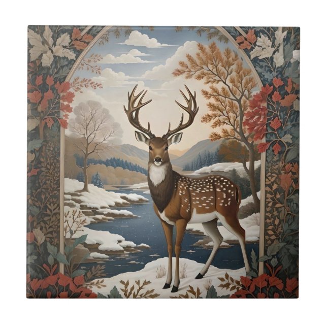 Elegant Winter Deer Winter Scene Ceramic Tile (Front)