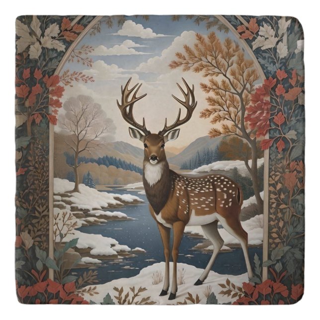 Elegant Winter Deer Winter Scene Trivet (Front)