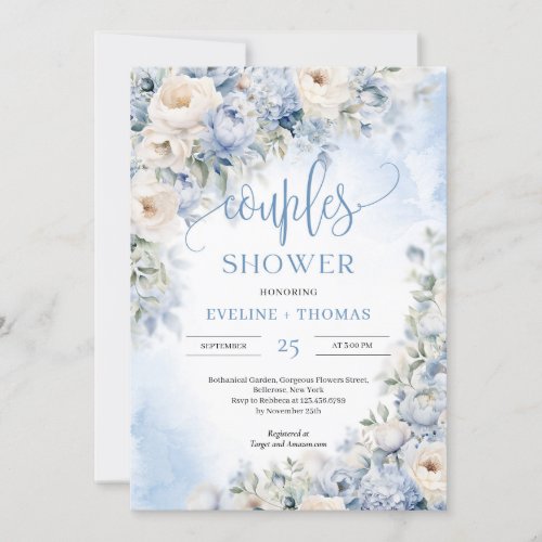Elegant winter dusty blue and ivory couples shower invitation