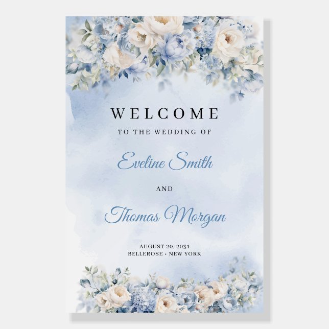 Elegant winter dusty blue and ivory flower welcome foam board (Front)