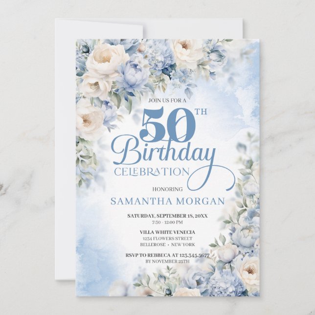 Elegant Winter Dusty Blue and Ivory Flowers  Invitation (Front)