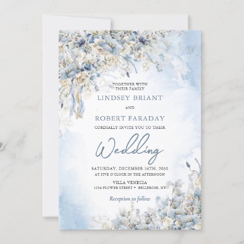 Elegant Winter dusty blue flowers and white roses  Invitation
