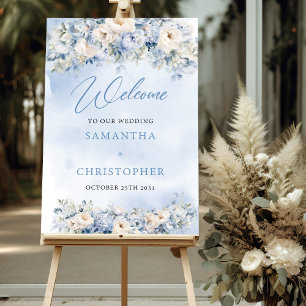 Elegant winter dusty blue ivory flowers welcome foam board