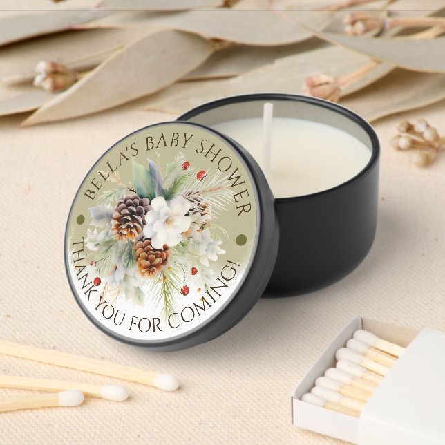 Elegant Winter Evergreen Baby Shower Party Mini Candle Favors (Insitu)