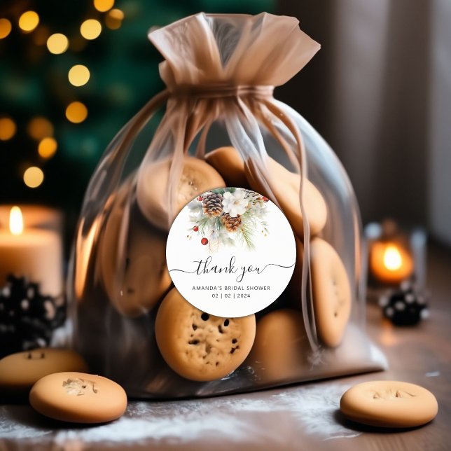 Elegant Winter Evergreen Bridal Shower Thank You Classic Round Sticker (Winter Evergreen Bridal Shower Thank You Classic Round Sticker)