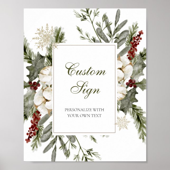 Elegant Winter Evergreen Custom Text Sign (Front)