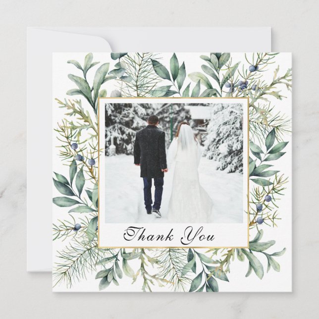 Elegant Winter Evergreen Eucalyptus Photo Wedding Thank You Card (Front)