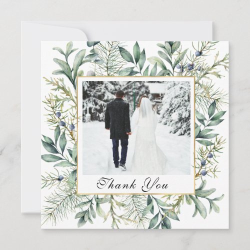 Elegant Winter Evergreen Eucalyptus Photo Wedding Thank You Card