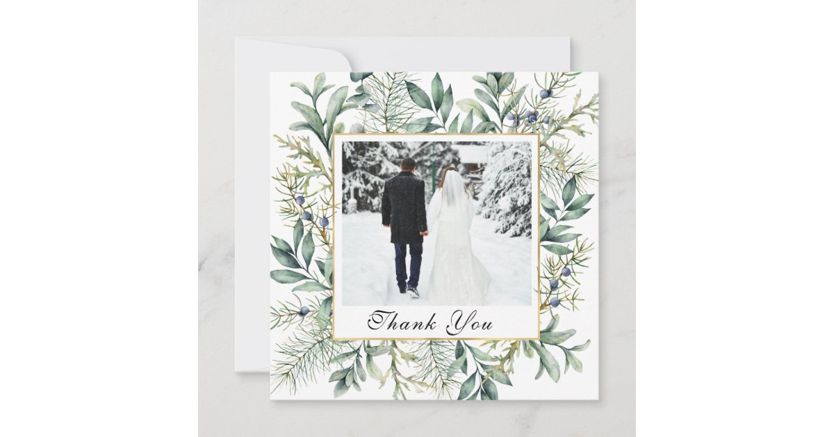 Elegant Winter Evergreen Eucalyptus Photo Wedding Thank You Card | Zazzle