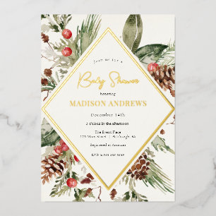 Elegant Winter Evergreen Poinsettia Baby Shower Foil Invitation